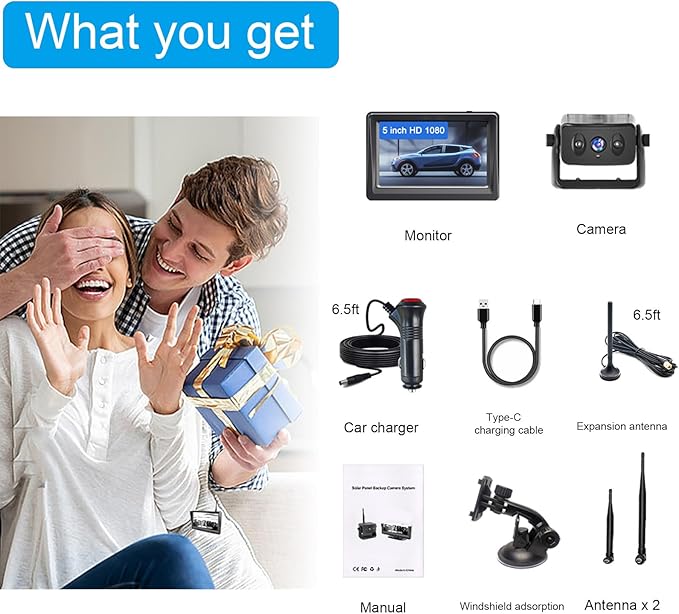 Wireless Backup Camera for Trucks & RVs, Solar - Powered - Magnetic, Portable, No - Drill, No - Wire Easy Install, Night Vision, Rechargeable with 5" HD Monitor systems for Car, Camper, Trailer