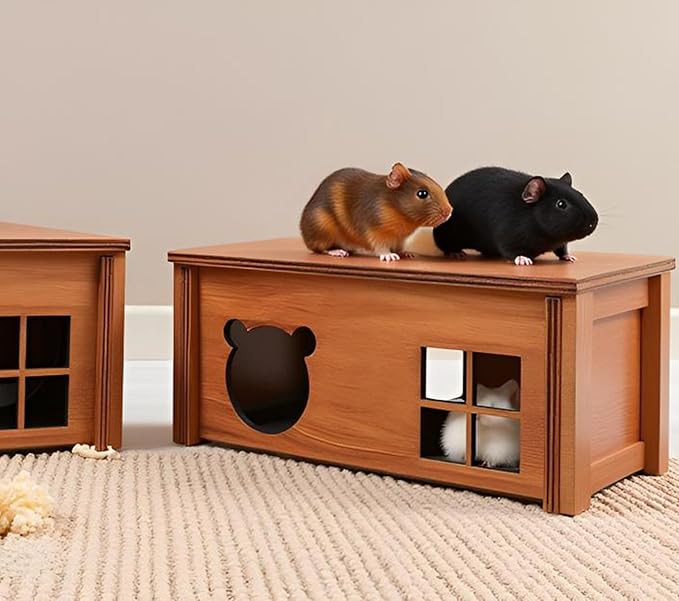 Hamster Multi Chamber Maze Hideout: Wooden Maze Tunnel House Exploring Toys for Hamster Gerbils Mice Guinea Pig Chinchillas, Small Animals Hideout and House - Brown