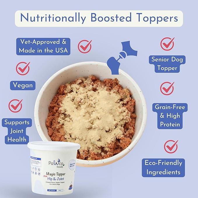 PawCo Magic Topper Hip & Joint Support - Vegan Dog Topper with Omega-3, Grain-Free Meal Enhancer for Senior Dogs, 160g