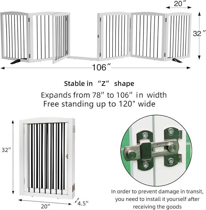 ZJSF Foldable Indoor Dog Door with Walk Through Door, Freestanding Pet Door for The House,Doorways, Stairs, Pet Puppy Safety Fence with Support Feet, White 6 Panels 120" Wide 32''Height