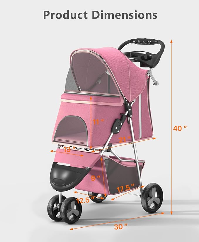 Pet Stroller with 3 Wheels for Small/Medium Pets, Portable Travel Foldable Carrier Jogger for Dog Cat Puppy Kitty, Rear Wheel Breaks, Storage Basket, Visible Mesh with Weather Cover (Pink)