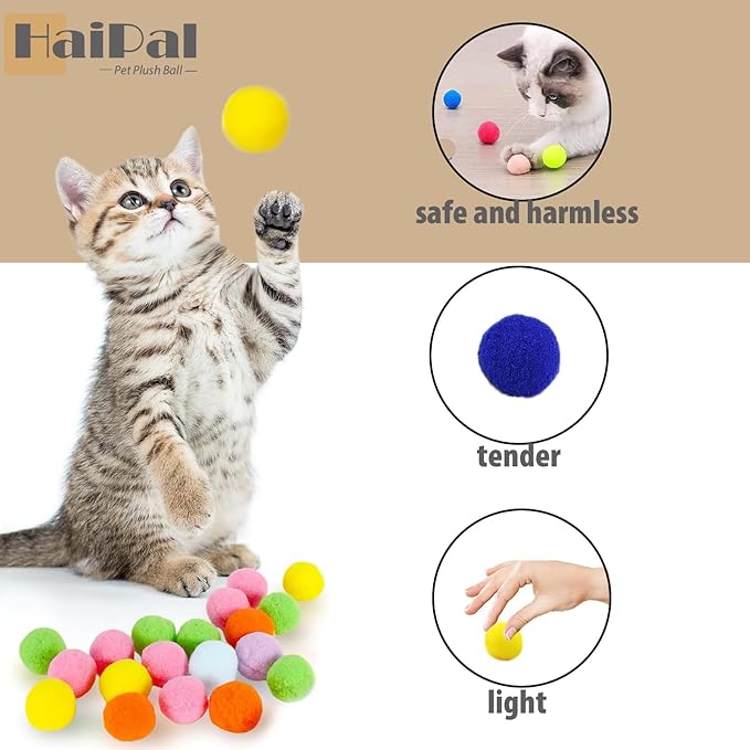 Cat Toy Balls, 20Pcs Premium Soft Pom Pom Balls for Kittens, 1,9'' Funny Interactive Cat Pompom Toys for Bored Indoor Cats Playing Plush Balls for Craft DIY Decorations, Cute Kitten Kitty Toys.