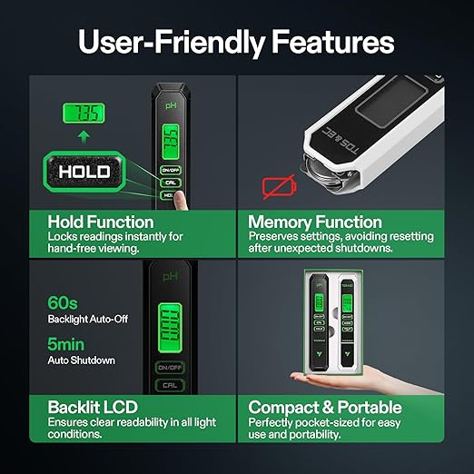 VIVOSUN Digital pH and TDS Meter Kits, 0.01pH High Accuracy Pen Type pH Meter ± 2% Readout Accuracy 3-in-1 TDS EC Temperature Meter for Hydroponics, Pool and Aquarium, Black White, UL Certified