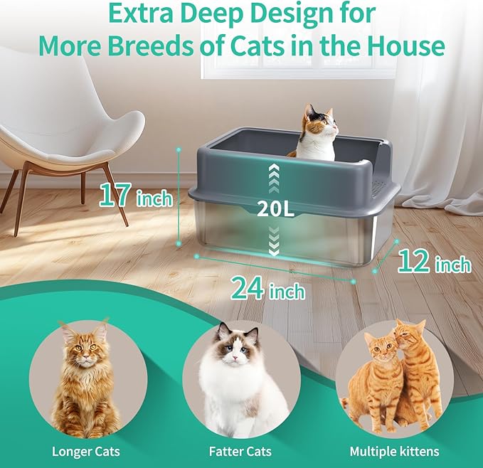 XL Cat Litter Box,24" Stainless Steel Litter Box,Large Big Cats,Extra Large Kitty 17" High Wall Sides Enclosure,Non-Sticky Easy Cleaning,Include Litter Scoop