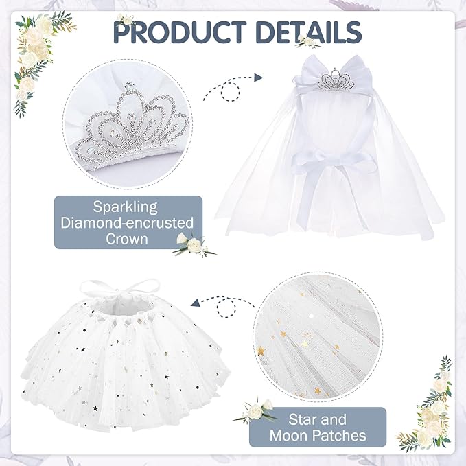 SCENEREAL Dog Bandanas Dress Set for Small Dogs, Dogs Wedding Outfit with Flower Collar Veil, Puppy Party Supplies Pet Tutu Skirt Costume