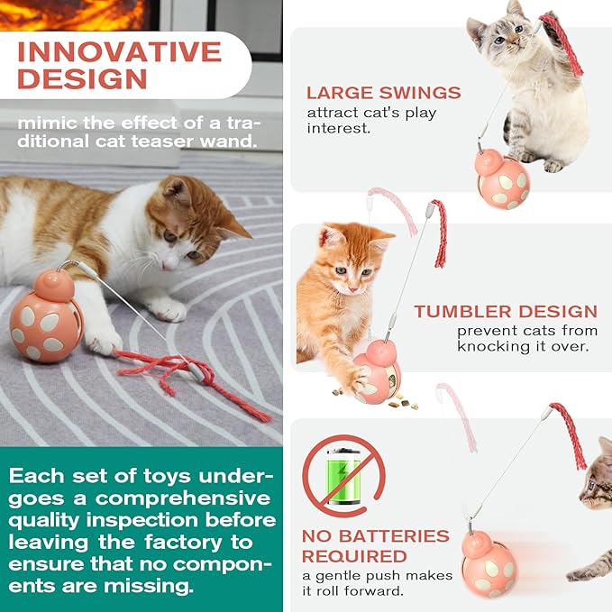 Cat Treat Interactive Toy, Indoor Puzzle Slow Feeding Mental Stimulation Sliding Rolling Cat Toy Ball with Ca-t Teaser, Cats Treat Dispenser Toy for Large, Medium and Small Cats (Pink, ladybug)