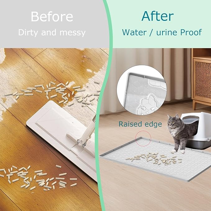 Cat Litter Mat for Litter Box, Silicone Large Cat Litter Trapping Mat - 34x22 in, Waterproof & Non-Slip, Durable & Easy Clean, Light Gray