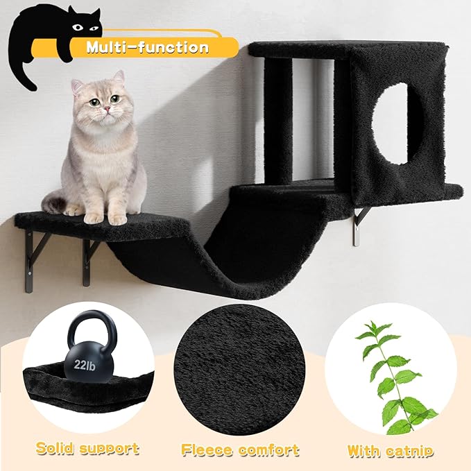 NUNU LAB Cat Wall Shelves, 6 Pcs Luxury Wall-Mounted Cat Climber Set, Indoor Cat Furniture with 1 Condos House, 2 Cat Wall Shelves, 1 Scratching, 1 Bridge Ladder, 1 Scratching Pad, Black