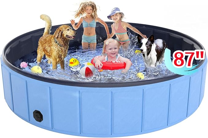 Large Foldable Dog Pool 87"x16", Hyperzoo Oversize Foldable Dog Swimming Pool, Hard Plastic PVC Leakproof Doggie Wading Collapsible Pet Bathing Tub for Puppy Small Medium Large Dogs and Kids, Blue