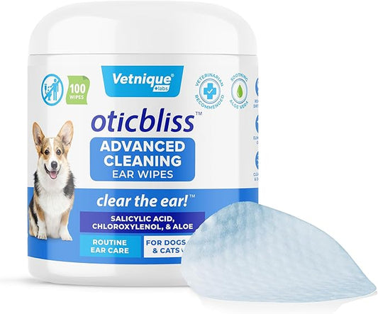 VETNIQUE Oticbliss Advanced Cleaning Ear Wipes for Dogs & Cats for Odor Control, Dirt and Wax Removal with Soothing Aloe Vera, Drying Agent and Vitamin E, Clear the Ear 100ct Wipes