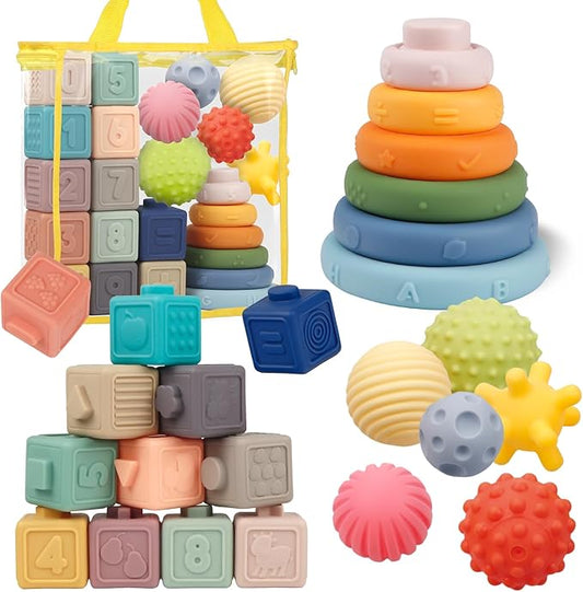 Montessori Toys for Babies,Soft Stacking Building Blocks Rings Balls Sets,3 in 1 Baby Toy Bundle,Sensory Toy for 6-12 Months, Soft Teething Toys for Babies,Baby Gifts for Boy Girl