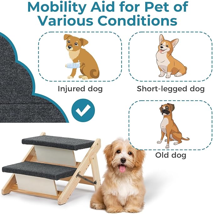 MEWANG Wood Pet Stairs & Ramp for Small/Medium Dogs and Cats, Aging Pets – 3-in-1 Foldable, Portable, Non-Slip Pet Ladder for Tall Beds, Couches,Cars–Holds Up to 220 lbs (17.3" L x 17.2" W x 13.0" H)