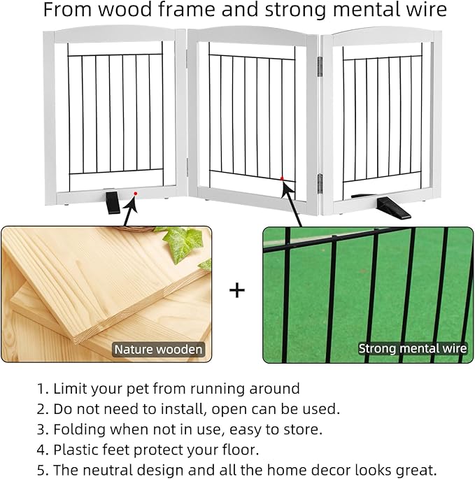 ZJSF Freestanding Dog Fence Indoor, Foldable Dog Gate for Doorways, Stairs or Hallways, Sturdy Wood Extra Wide Pet Gate with Support Feet for The House, White, 24 "Height-3 Panels