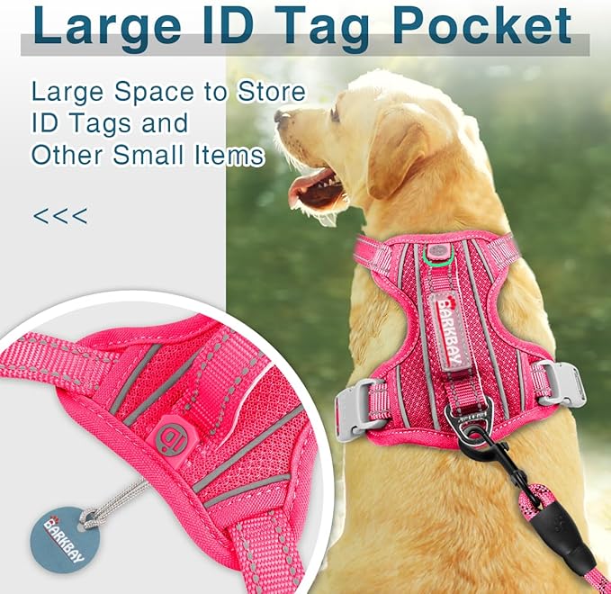 BARKBAY Dog Harness No Pull with ID Tag Pocket - Heavy Duty, Reflective, Easy Control for Large Dogs(Pink,L)