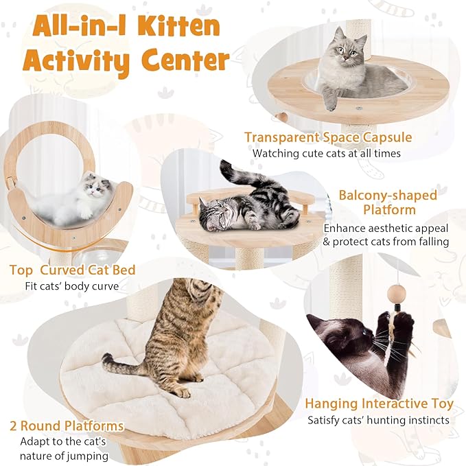 Tangkula Solid Wood Cat Tree, 4-in-1 Building Block Large Cat Tower with Space Capsule Nest, Scratching Posts, Padded Platform, Hanging Toy, Cat Tree Tower with 4 Transformations for Indoor Cats