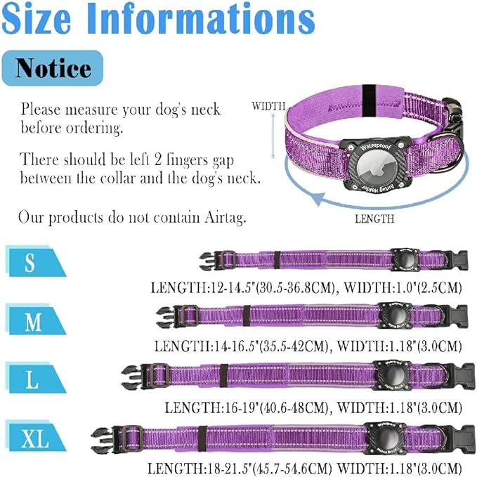 Upgraded AirTag Dog Collar, IP68 Waterproof Dog Collar with Apple Air Tag Holder, Reflective Adjustable Heavy Duty Dog Collars with Soft Padded for Small, Medium and Large Dogs,Purple, M