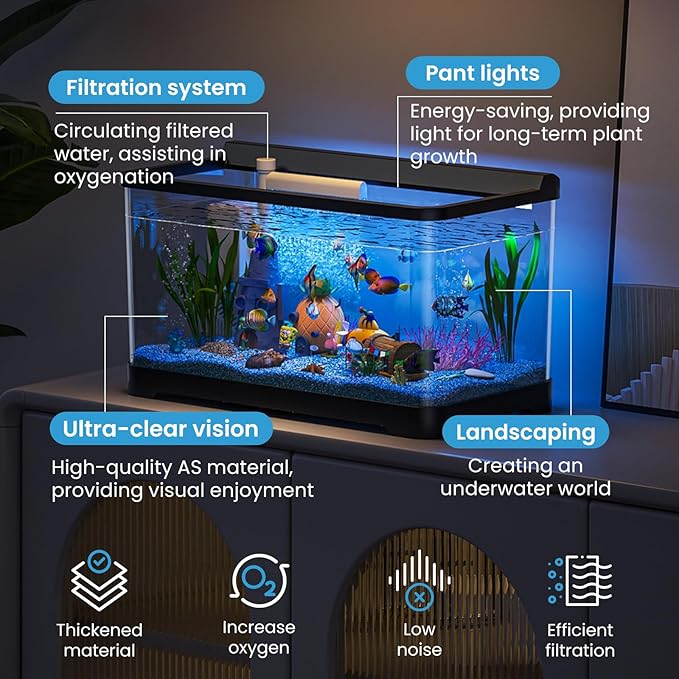 LED Aquarium Fish Tank Kit,（Light + Filter + Green Plants + Blue Sand + Pineapple Houses + Shells） Black, 4.5 Gallon