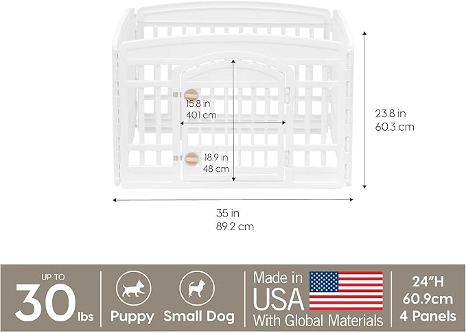 IRIS USA 24" 4-Panel Dog Playpen with Door, 35 x 35 x 24, Puppy Playpen, Dog Play Pen Indoors, Pet Fence, Puppies/Small Dogs, White