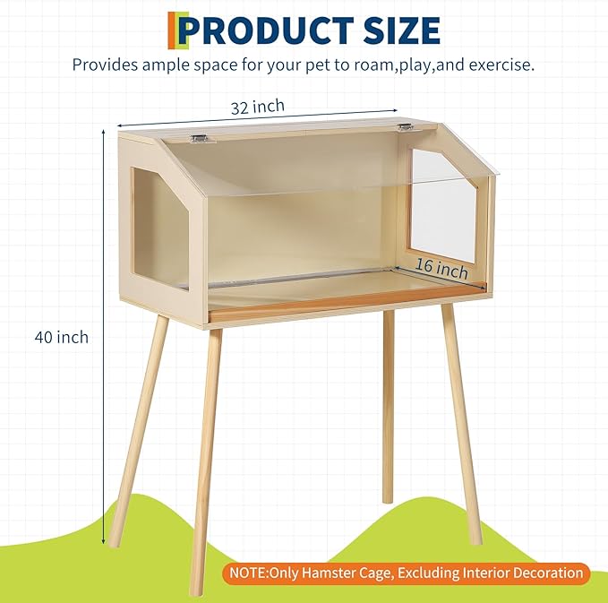 Wooden Hamster Cage with Legs, 32" L x 16" W x 40" H Guinea Pig Cages Chew Proof,Large Hamster Habitats Enclosure with Acrylic Window & Openable Top for Guinea Pig, Chinchilla, Gerbil