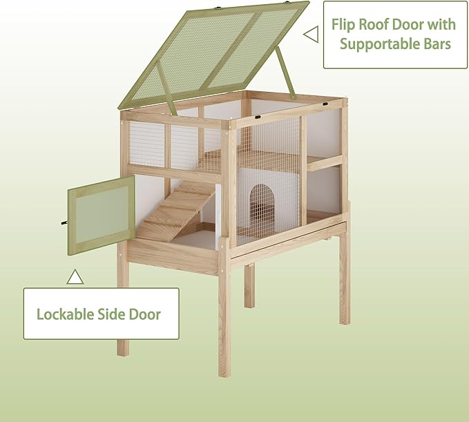 Guinea Pig House for 2 with Stand, Small Animals Rabbit Cages with a Pull Out Tray, Wooden 2-Story Indoor Large Hamster Habitat Playpen with Ramp, Hideout, Platform