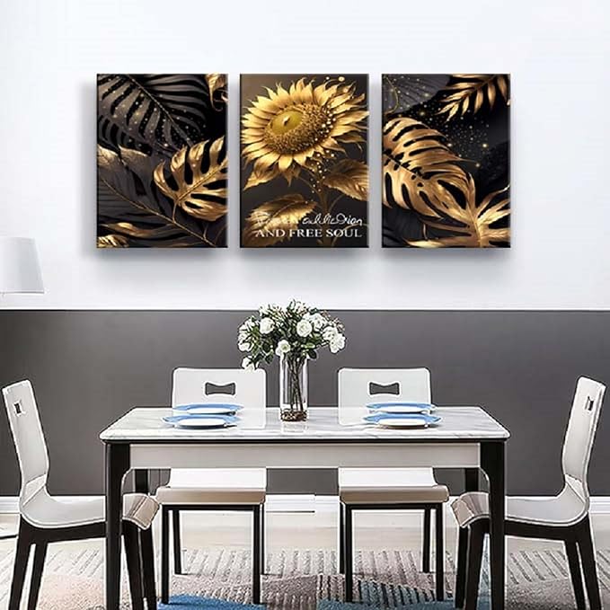 Yxbhhym Bedroom Wall Art Sunflower Canvas wall Art for living room Black and Gold Wall Décor pictures Leaf Artwork Paintings Flower Poster Prints Dining Room Office Décor Bathroom Decorations