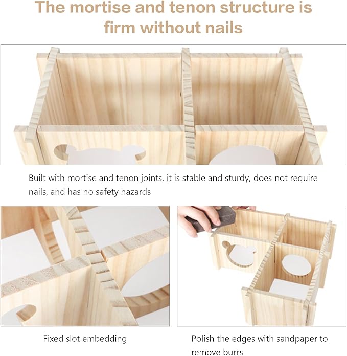 Wooden Hamster Platform and Dwarf Hamster House,Cute Syrian Hamster Tiny House Hideout,Large Balcony Lookout Holes,for Dwarf Gerbils and Mouse Mice Rat Other Small Animals(F)