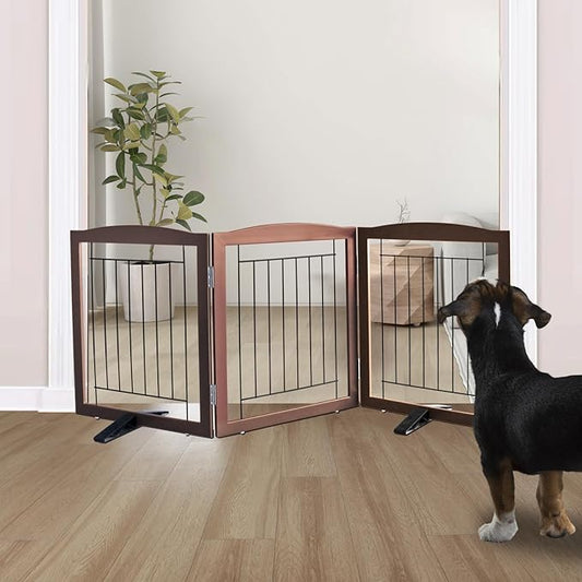 ZJSF Freestanding Dog Fence Indoor, Foldable Dog Gate for Doorways, Stairs or Hallways, Sturdy Wood Extra Wide Pet Gate with Support Feet for The House, Brown, 24 "Height-3 Panels
