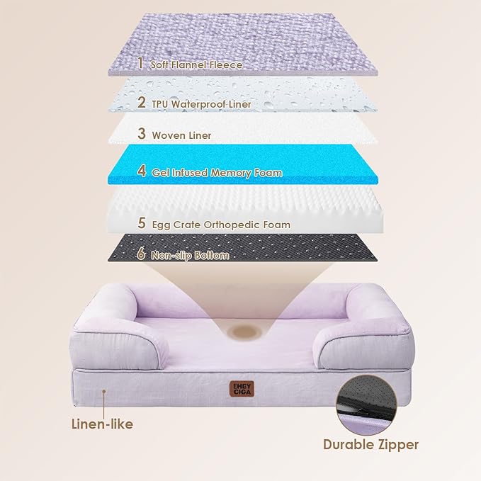 EHEYCIGA Orthopedic Dog Beds for Large Dogs, Waterproof Memory Foam Large Dog Bed with Sides, Non-Slip Bottom and Egg-Crate Foam Pet Couch Bed with Washable Removable Cover, Lilac