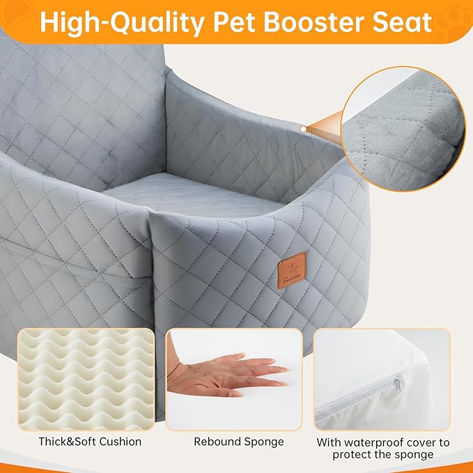 Dog Car Seats for Small Dogs, FurFrolic Memory Foam Dog Booster Seat for Small/Medium Dogs up to 35 lbs, Travel Pet Car Seat with Washable Detachable Cover, Storage Pockets, 2 Safety Belts (Gray)