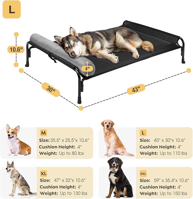 Veehoo Large Elevated Dog Bed, Outdoor Raised Dog Cot Hammock Bed with One-Sided Removable Headrest Bolster, Cooling Breathable Washable Teslin Mesh, Off Ground, Anti-Slip, L, CWC2204BCP
