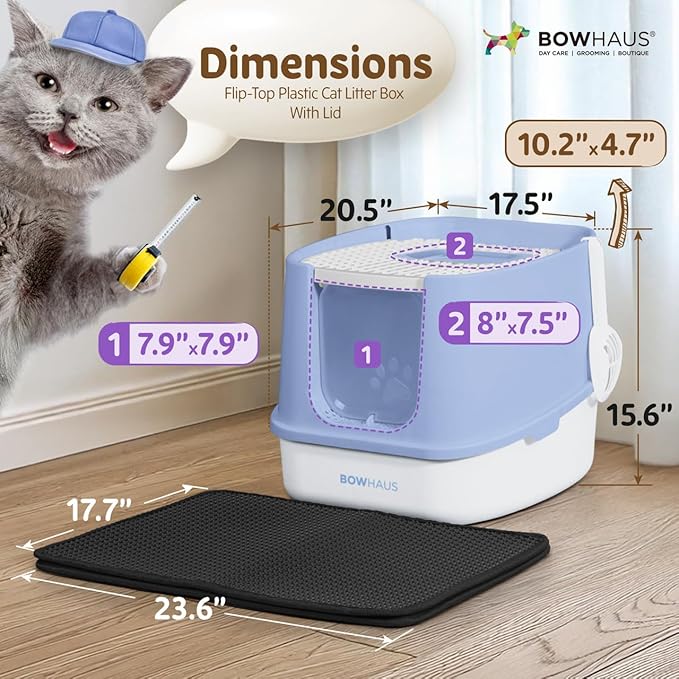 Fully Enclosed Cat Litter Box w/Lid, Scoop, Cat Mat & Odor Fitter, Large Plastic Cat Toilet with Double Door, Anti-Splashing Cat Litter Box with Lockable Front Door, Blue