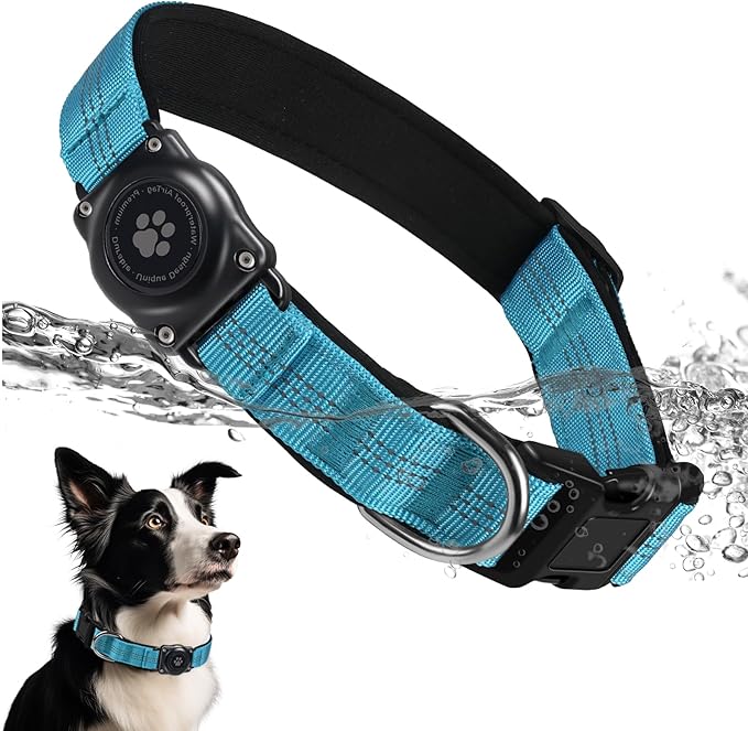 Upgraded AirTag Dog Collar, IP68 Waterproof Air Tag Dog Collar Holder, Reflective, Ultra-Durable, Comfortable Padded, Heavy Duty Dog Collars for Small Medium Large Dogs (M (12.6"-17.1"), Blue)