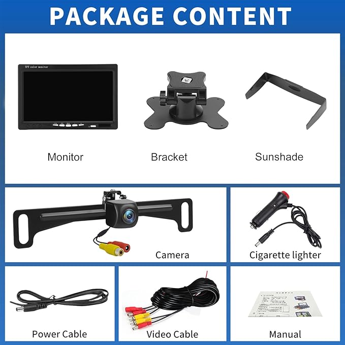 Kairiyard Backup Camera with 7 Inch Monitor, HD 1080P Reverse Rear View Camera Waterproof DIY Grid Lines No-Delay Wired License Plate Camera System for Truck Car SUV