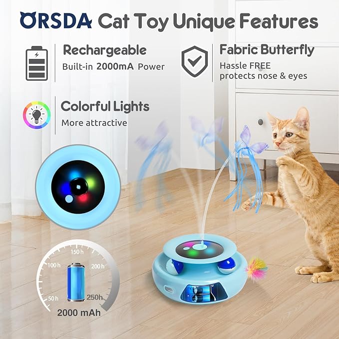 ORSDA Cat Toy, 3-in-1 Automatic Interactive Electronic Moving Ambush Feather, Fluttering Butterfly, Track Balls, USB Rechargeable Powered Smart Indoor Exercise Kicker