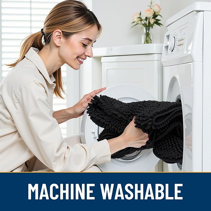 Smiry Dog Door Mat for Muddy Paws 48x30, Absorbs Moisture and Dirt Doormat, Non-Slip Washable Quick Dry Chenille Front Door Mat Indoor Entrance, Entryway Carpet for Inside Floor, Black