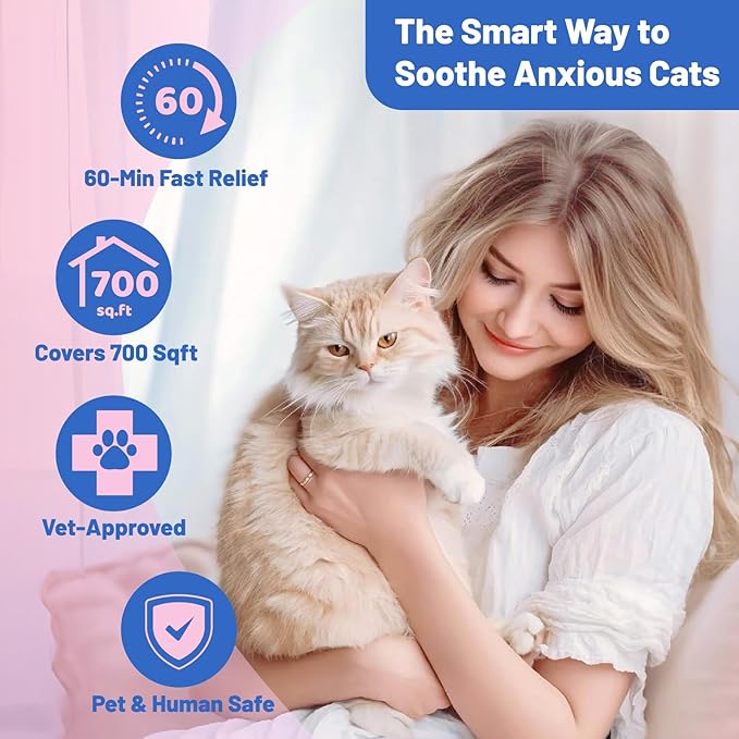 Cat Calming Diffuser, Cat Calming Pheromone Diffuser, Safe Cat Anxiety Relief, Lasts 60 Days, Reduce Stress, Cat Pheromone Diffuser (2Diffusers+2Refills), Calming Cat Pheromone Diffuser