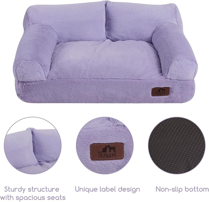 Hollypet Fluffy Plush Pet Cat Couch Sofa Soft Calming Pet Dog Sofa Beds for Medium Small Cats and Dogs, Light Purple