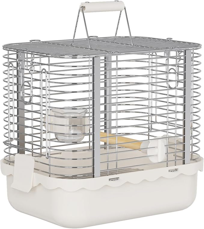 Bird Carrier Travel Cage, Durable Portable Stainless Steel Birdcage with Bird Perch & Feeding Bowl for Parrots Canaries Budgies Lovebirds Conures Cockatiels (Small White)