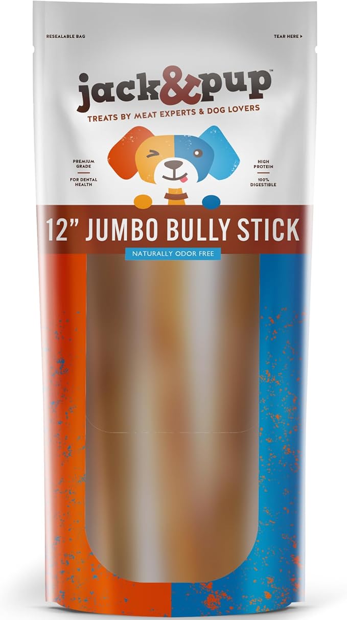 Jack&Pup 12 Inch Bully Sticks for Large Dogs (5 Pack) Jumbo Dog Chews for Aggressive Chewers | All Natural, Odor Free Bully Sticks for Dogs