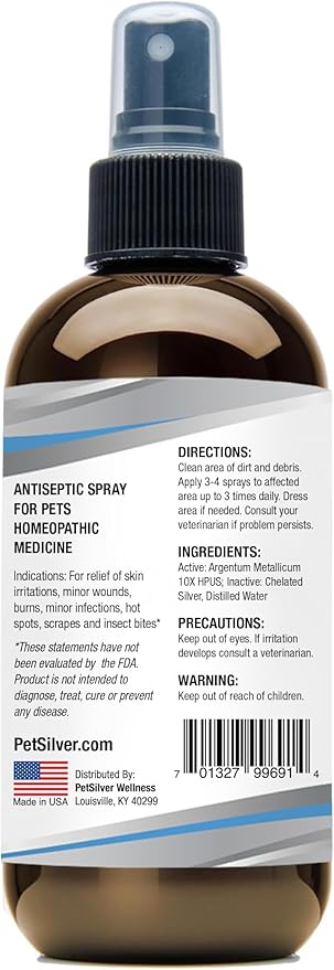 PetSilver Wound & Skin Spray - Dog Wound Spray, Hot Spot, Allergy Relief for Dogs, Itch Spray for Cats - Natural Skin Soother - Chelated Silver, Superior to Colloidal Silver - Made in USA - 8 fl oz
