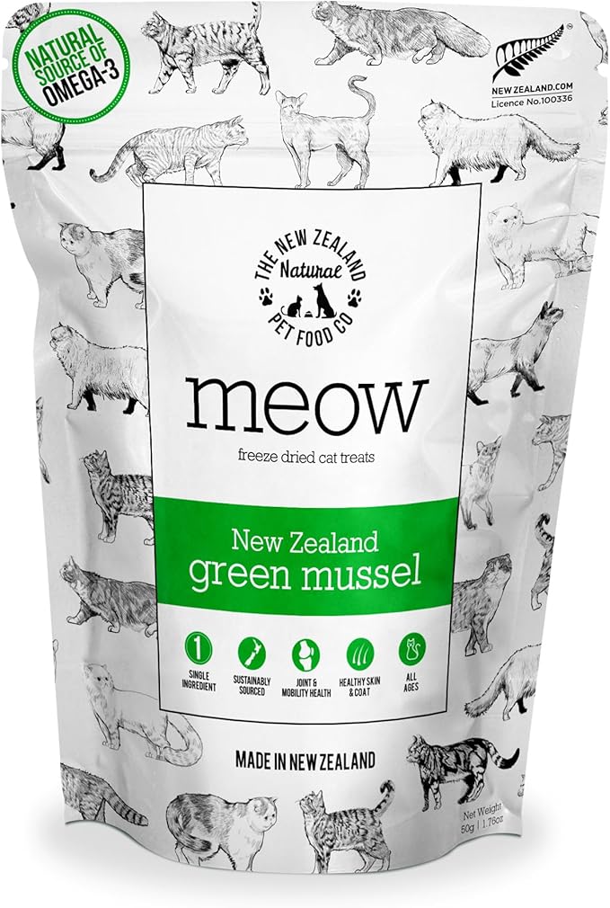 Meow Freeze Dried Cat Treats - New Zealand Green Mussel, High Protein, Healthy Cat Snacks and Toppers, All Natural for All Life Stages, 1.76 oz