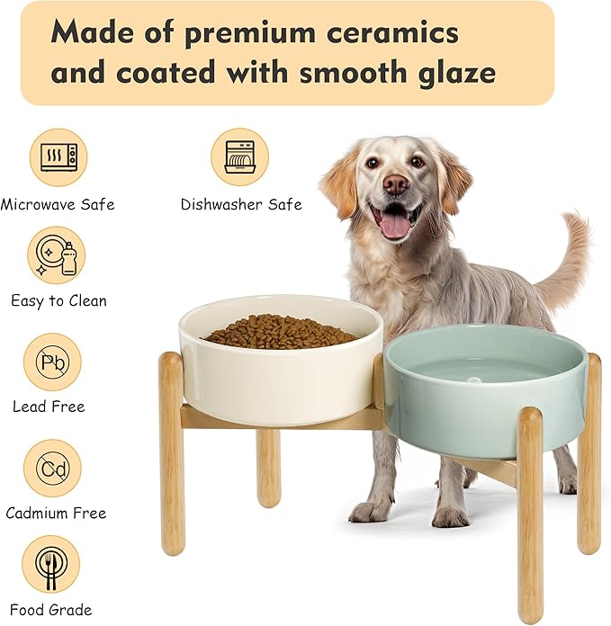 Wordcam Raised Ceramic Dog Bowls with Stand,Elevated Dog Dish, Pet Food and Water Feeder Set for Large Sized Dogs(9.4''High-60 Oz-7.6 Cups)