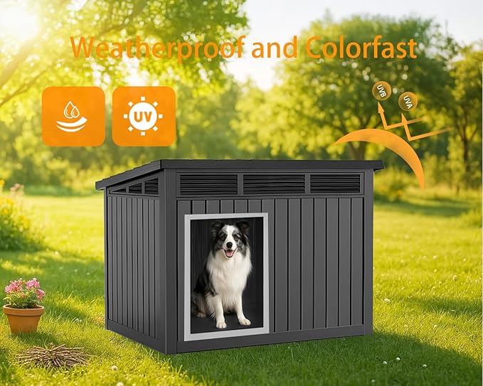 VIXZEN Dog House Indoor Outdoor,Waterproof Dog House for Small to Large Dogs,Doghouse with Air Vents and Elevated Floor,Openable at The Top,Easy to Assemble and Clean,Black,42.87"×32.95"×31.61"