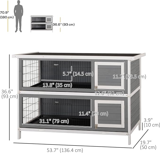 PawHut 54" 2-Story Large Rabbit Hutch Bunny Cage Wooden Pet House Small Animal Habitat with Lockable Doors, No Leak Tray and Waterproof Roof for Outdoor/Indoor Dark Grey