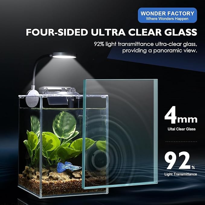 Desktop Glass Fish Tank 1.25 Gallons Small Aquarium Set, Self Cleaning Filter System Bright LED Light Gravel Plant Cleaning Tool, Betta Small Space Kit Easy Setup Space Saving Design