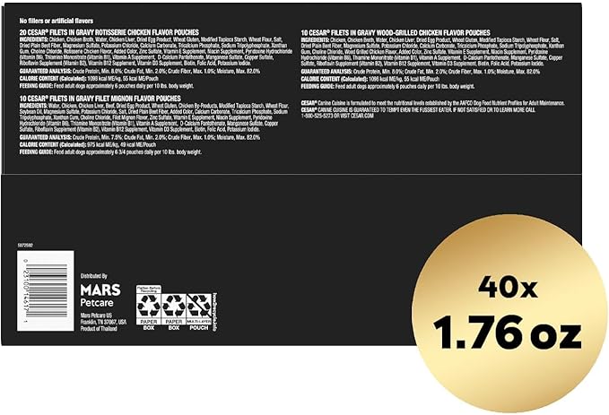Cesar Filets in Gravy Wet Dog Food Filet Mignon Flavor, Rotisserie Chicken Flavor, and Wood-Grilled Chicken Flavor Variety Pack, 1.76 oz. Mini-Pouches (40 Count, Pack of 1)