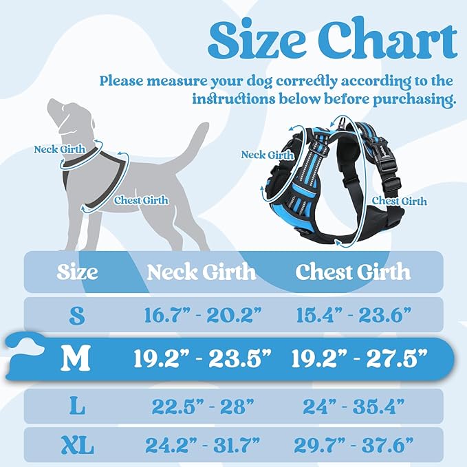 rabbitgoo Dog Harness Medium Sized, No Pull Pet Harness with 3 Buckles, Adjustable Soft Padded Vest with Control Handle, Walking Reflective Pet Vest for Medium Dogs, Sky Blue, M