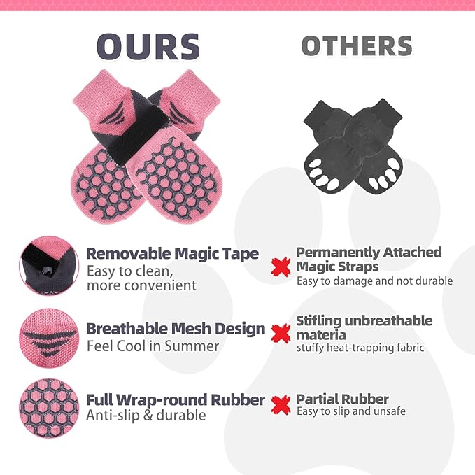 KOOLTAIL Dog Socks for Hot Pavement, Summer Breathable Dog Socks to Prevent Licking Paws, Non Slip Pet Boots & Paw Protectors for Hardwood Floor,Grippy Shoes for Small Medium Large Senior Dogs,Pink L