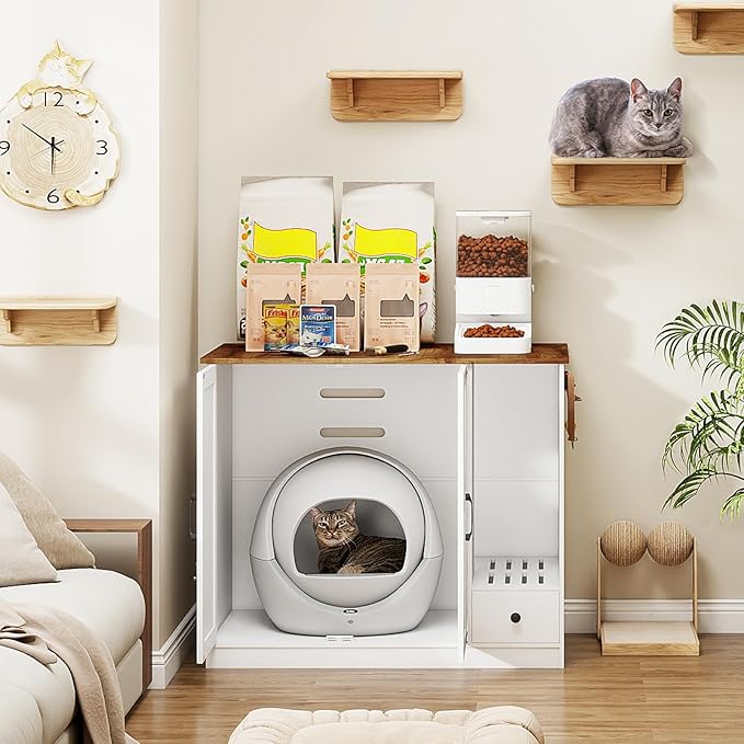 YUSING Litter Robot Enclosure, Cat Litter Box Furniture Hidden, Cat Litter Box Enclosure Cabinet Large with Double Doors and Pull-Out Drawer for Litter Robot
