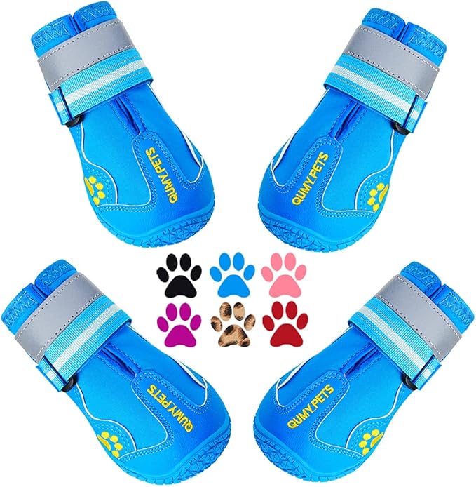 QUMY Dog Shoes for Large Dogs, Medium Dog Boots & Paw Protectors for Winter Snowy Day, Summer Hot Pavement, Waterproof in Rainy Weather, Outdoor Walking, Indoor Hardfloors Anti Slip Sole Blue 8